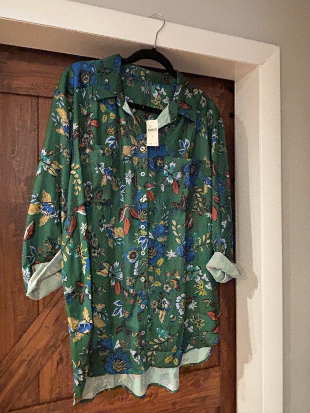 Anthropologie Green Floral Tie-Front Blouse with Blue Pom Trim